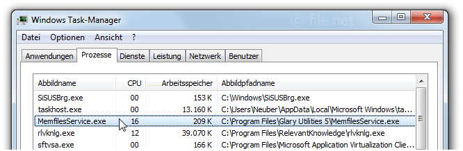 Windows Task-Manager mit MemfilesService