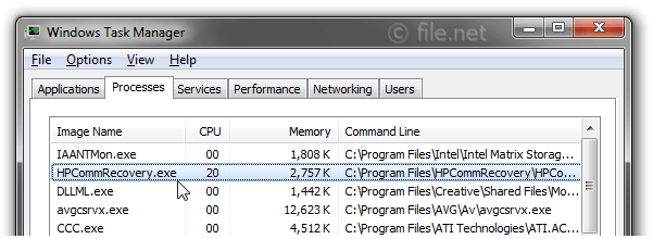 Windows Task Manager with HPCommRecovery