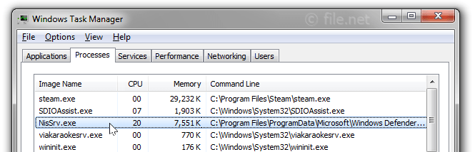Windows Task Manager with NisSrv